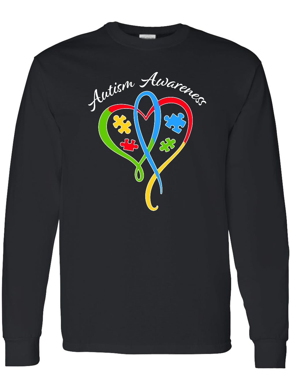 Inktastic Autism Awareness Heart Ribbon and Puzzle Pieces Long Sleeve T-Shirt