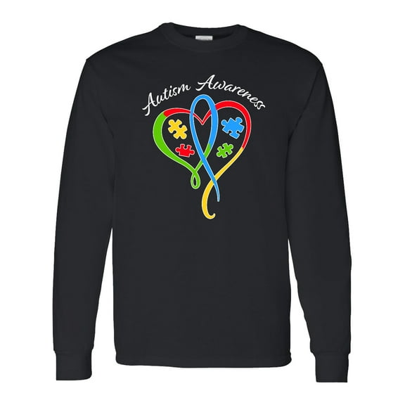 Inktastic Autism Awareness Heart Ribbon and Puzzle Pieces Long Sleeve T-Shirt