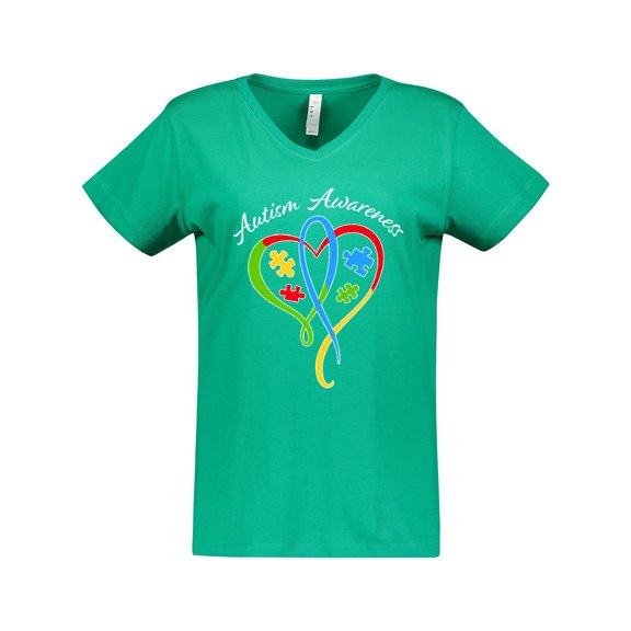 Inktastic Autism Awareness Heart Ribbon and Puzzle Pieces Women's V-Neck T-Shirt