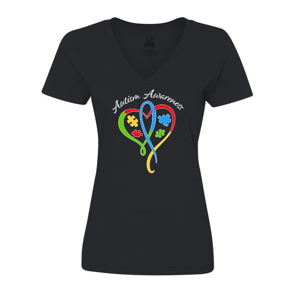 Inktastic Autism Awareness Heart Ribbon and Puzzle Pieces Women's V-Neck T-Shirt