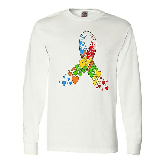 Inktastic Autism Awareness Red Yellow Green Orange Blue Heart Ribbon Long Sleeve T-Shirt