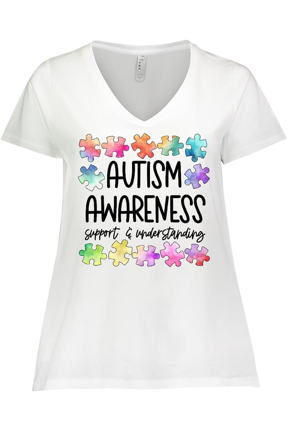 Autism Awareness Support and Understanding Puzzle Pieces Women's Plus Size V-Neck T-Shirt