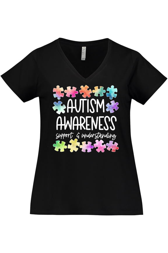 Autism Awareness Support and Understanding Puzzle Pieces Women's Plus Size V-Neck T-Shirt