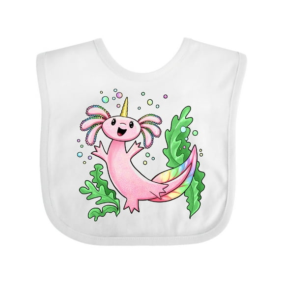 Inktastic Axolotl Unicorn with Rainbow Tail, Bubbles and Seaweed. Boys or Girls Baby Bib
