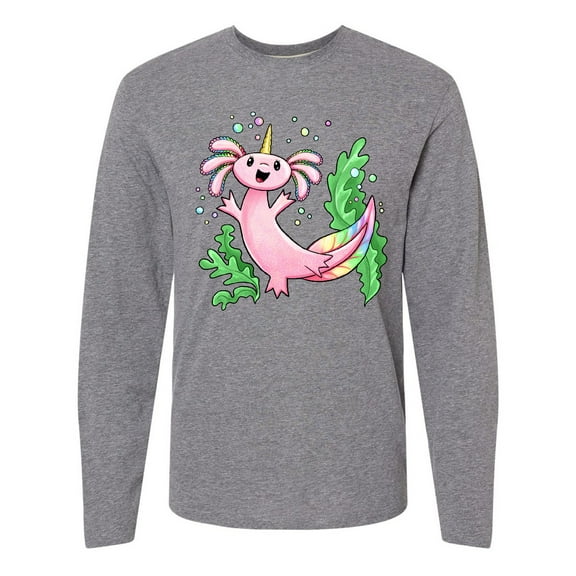 Inktastic Axolotl Unicorn with Rainbow Tail, Bubbles and Seaweed. Long Sleeve T-Shirt