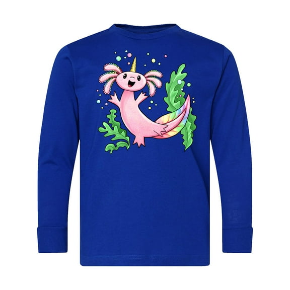 Inktastic Axolotl Unicorn with Rainbow Tail, Bubbles and Seaweed. Long Sleeve Youth T-Shirt