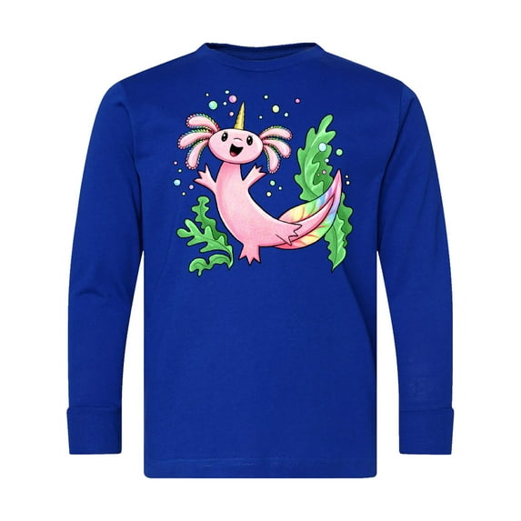Inktastic Axolotl Unicorn with Rainbow Tail, Bubbles and Seaweed. Long Sleeve Youth T-Shirt