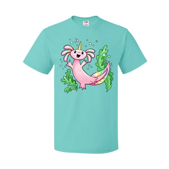 Inktastic Axolotl Unicorn with Rainbow Tail, Bubbles and Seaweed. T-Shirt