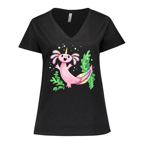 Inktastic Axolotl Unicorn with Rainbow Tail, Bubbles and Seaweed. Women's Plus Size V-Neck T-Shirt