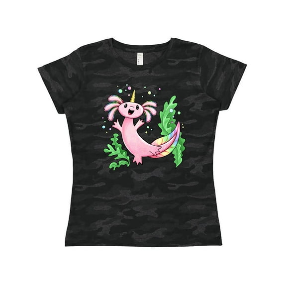 Inktastic Axolotl Unicorn with Rainbow Tail, Bubbles and Seaweed. Women's T-Shirt