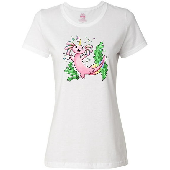 Inktastic Axolotl Unicorn with Rainbow Tail, Bubbles and Seaweed. Women's T-Shirt