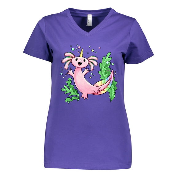 Inktastic Axolotl Unicorn with Rainbow Tail, Bubbles and Seaweed. Women's V-Neck T-Shirt