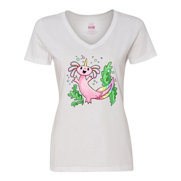 Inktastic Axolotl Unicorn with Rainbow Tail, Bubbles and Seaweed. Women's V-Neck T-Shirt