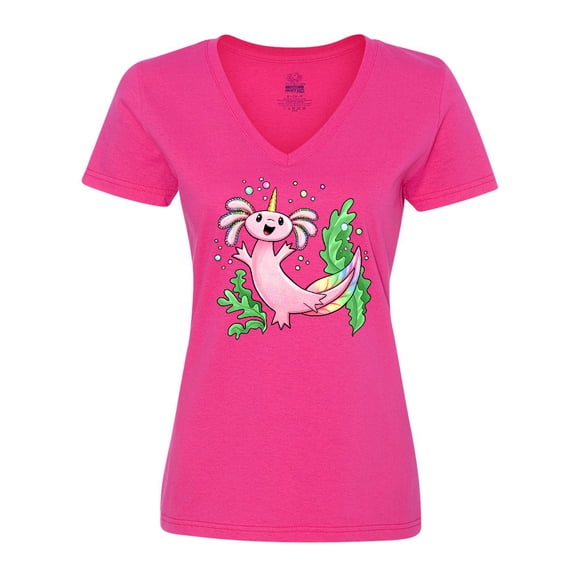 Inktastic Axolotl Unicorn with Rainbow Tail, Bubbles and Seaweed. Women's V-Neck T-Shirt