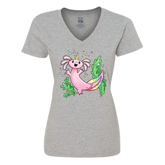 Inktastic Axolotl Unicorn with Rainbow Tail, Bubbles and Seaweed. Women's V-Neck T-Shirt