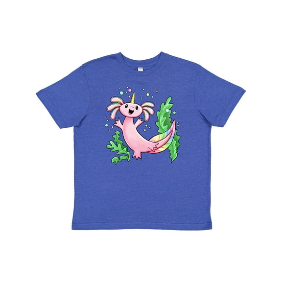 Inktastic Axolotl Unicorn with Rainbow Tail, Bubbles and Seaweed. Youth T-Shirt