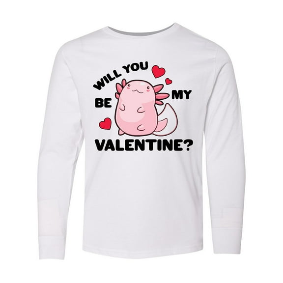 Inktastic Axolotl Will You Be My Valentine with Red Hearts Long Sleeve Youth T-Shirt