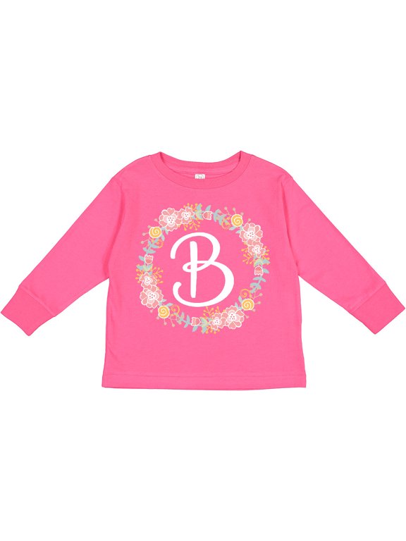 B Monogram Alphabet Letter Rose Floral Wreath Girls Long Sleeve Toddler T-Shirt