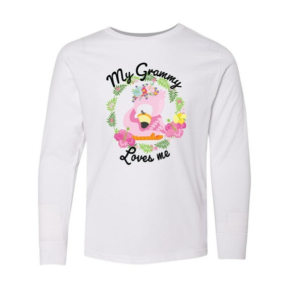 Inktastic Baby Flamingo My Grammy Loves Me with Flower Wreath Long Sleeve Youth T-Shirt