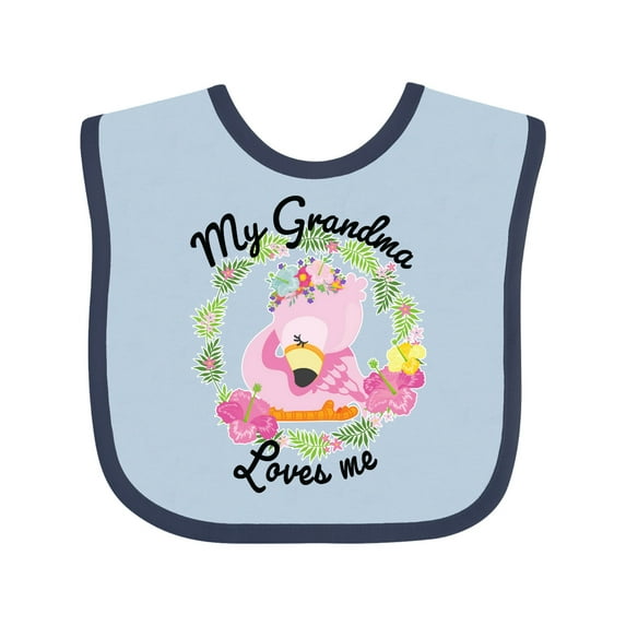 Inktastic Baby Flamingo My Grandma Loves Me with Flower Wreath Boys or Girls Baby Bib