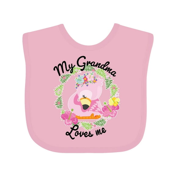 Inktastic Baby Flamingo My Grandma Loves Me with Flower Wreath Boys or Girls Baby Bib