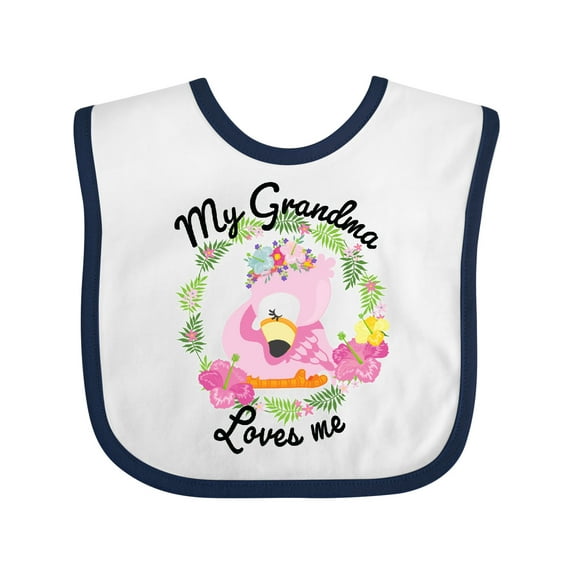 Inktastic Baby Flamingo My Grandma Loves Me with Flower Wreath Boys or Girls Baby Bib