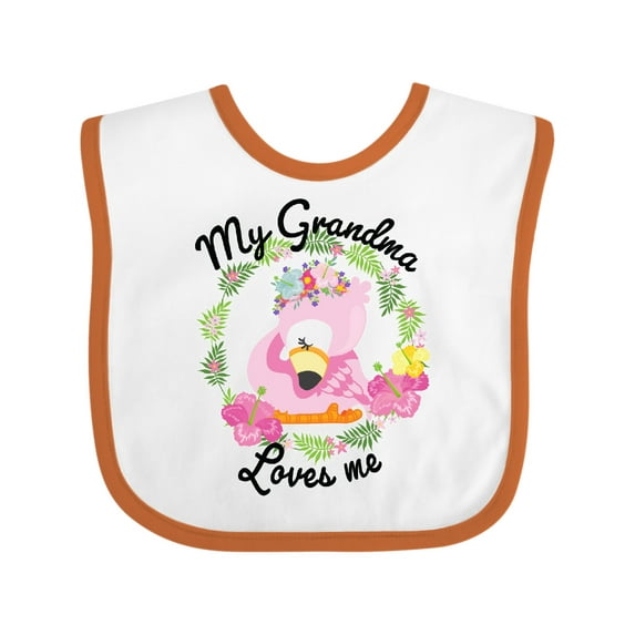 Inktastic Baby Flamingo My Grandma Loves Me with Flower Wreath Boys or Girls Baby Bib