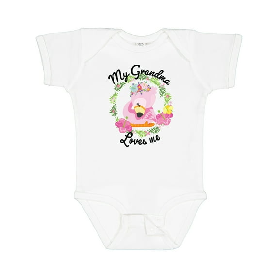 Inktastic Baby Flamingo My Grandma Loves Me with Flower Wreath Boys or Girls Baby Bodysuit