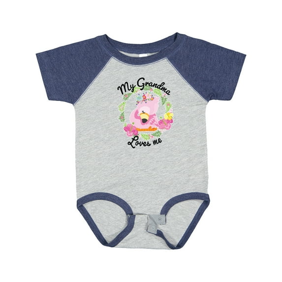 Inktastic Baby Flamingo My Grandma Loves Me with Flower Wreath Boys or Girls Baby Bodysuit