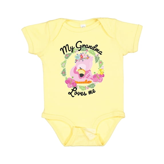 Inktastic Baby Flamingo My Grandma Loves Me with Flower Wreath Boys or Girls Baby Bodysuit