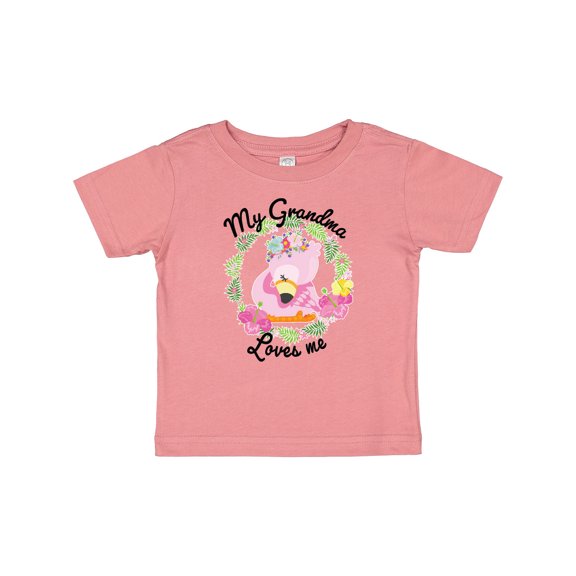 Inktastic Baby Flamingo My Grandma Loves Me with Flower Wreath Boys or Girls Baby T-Shirt