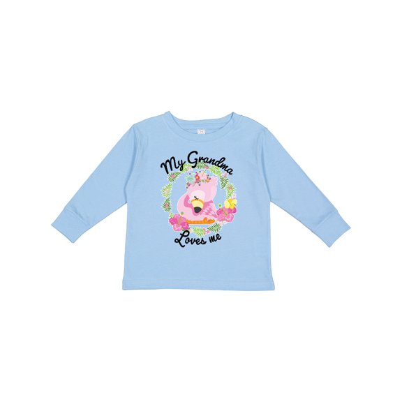 Inktastic Baby Flamingo My Grandma Loves Me with Flower Wreath Boys or Girls Long Sleeve Toddler T-Shirt
