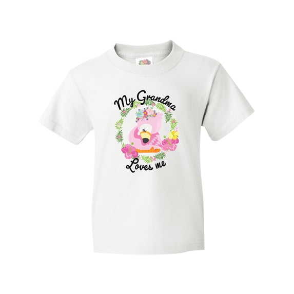 Inktastic Baby Flamingo My Grandma Loves Me with Flower Wreath Youth T-Shirt