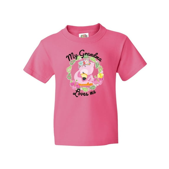 Inktastic Baby Flamingo My Grandma Loves Me with Flower Wreath Youth T-Shirt
