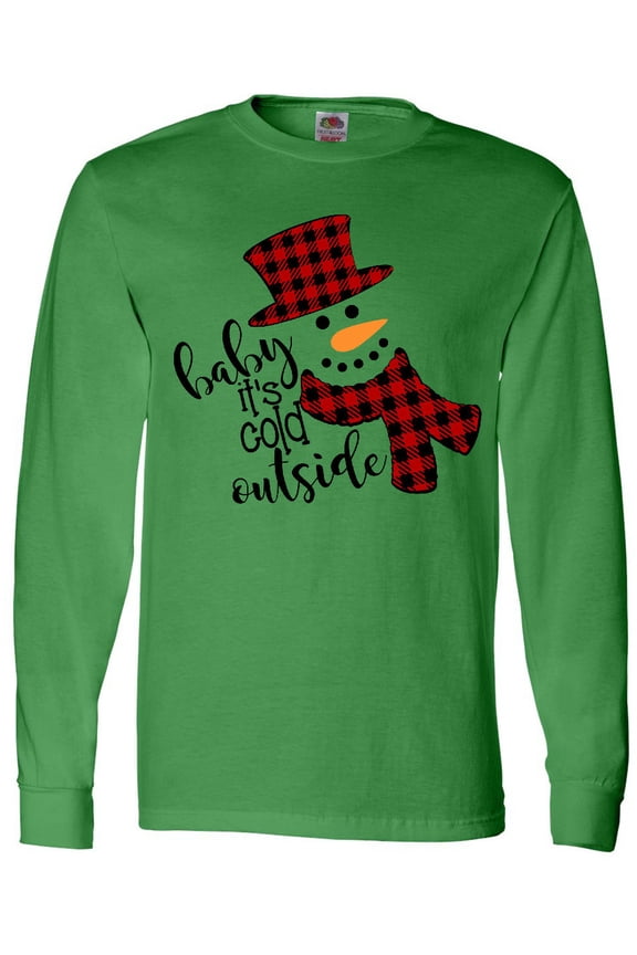 Baby It's Cold Outside Cute Snowman in Plaid Print Long Sleeve T-Shirt