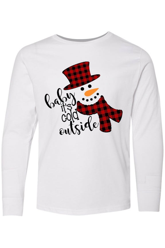 Baby It's Cold Outside Cute Snowman in Plaid Print Long Sleeve Youth T-Shirt