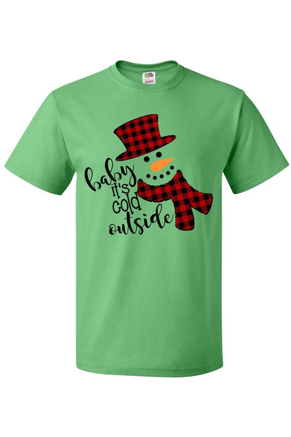 Baby It's Cold Outside Cute Snowman in Plaid Print T-Shirt