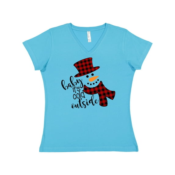 Inktastic Baby It's Cold Outside Cute Snowman in Plaid Print Women's V-Neck T-Shirt