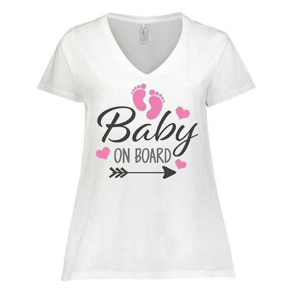 Inktastic Baby on Board with Arrow Pink Footprints and Hearts Women's Plus Size V-Neck T-Shirt