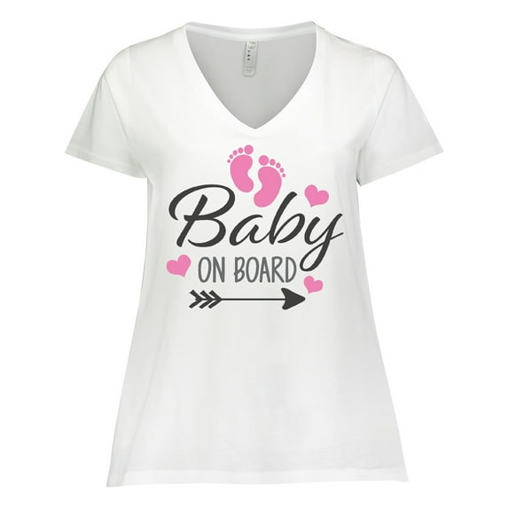 Inktastic Baby on Board with Arrow Pink Footprints and Hearts Women's Plus Size V-Neck T-Shirt