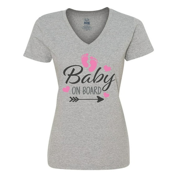 Inktastic Baby on Board with Arrow Pink Footprints and Hearts Women's V-Neck T-Shirt