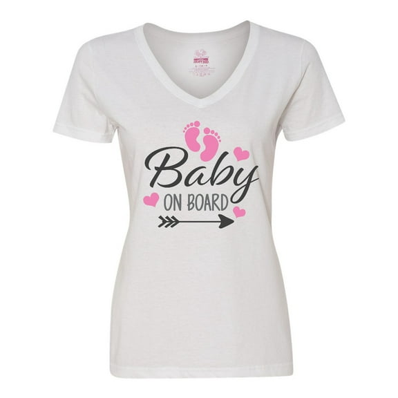 Inktastic Baby on Board with Arrow Pink Footprints and Hearts Women's V-Neck T-Shirt
