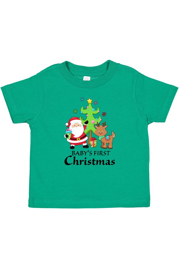 Baby's 1st Christmas with Santa Reindeer and Tree Boys or Girls Baby T-Shirt
