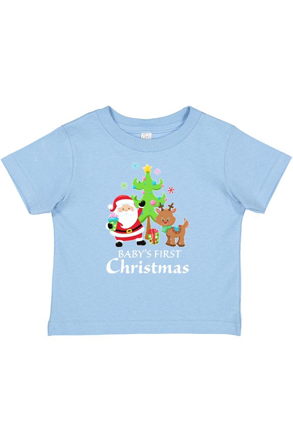 Baby's 1st Christmas with Santa Reindeer and Tree Boys or Girls Baby T-Shirt