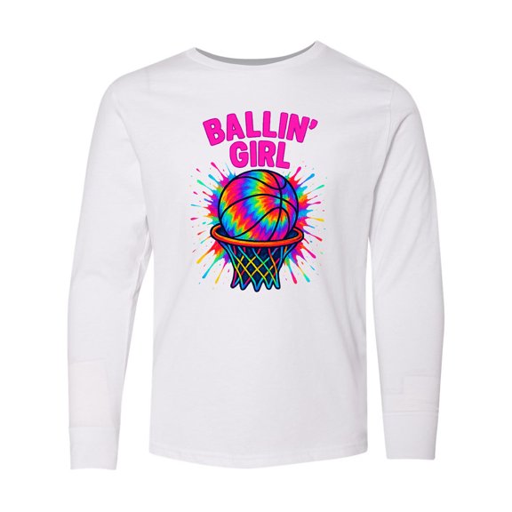 Inktastic Ballin' Girl Basketball Rainbow Splash Long Sleeve Youth T-Shirt