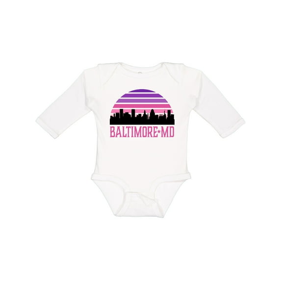 Inktastic Baltimore Maryland Gifts Retro Sunset Skyline Girls Long Sleeve Baby Bodysuit