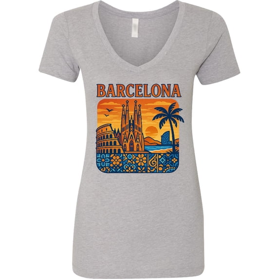 Inktastic Barcelona Cityscape Artwork Women's V-Neck T-Shirt
