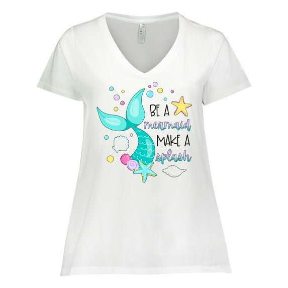 Inktastic Be a Mermaid Make a Splash Blue Mermaid Tail Women's Plus Size V-Neck T-Shirt