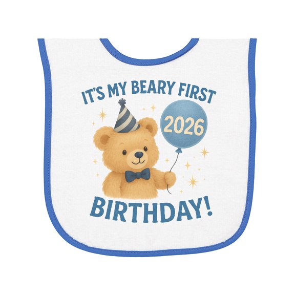 Inktastic Beary First Birthday 2026 Teddy Bear Baby Terry Cloth Bib