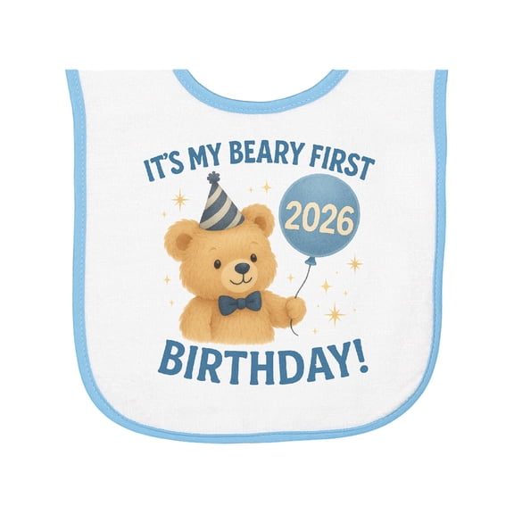 Inktastic Beary First Birthday 2026 Teddy Bear Baby Terry Cloth Bib